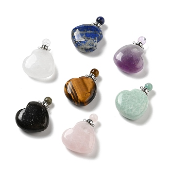 Natural Mixed Stone Perfume Bottle Pendants, for Essential Oil, Perfume, with Platinum Tone Brass Findings and Pipettes, Heart, 42x29~32x12~12.5mm, Hole: 1.5~1.8mm