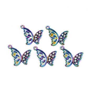 Rainbow Color Alloy Pendants Cabochon Settings, with Cystal Rhinestone, Cadmium Free & Lead Free, Butterfly, Tray: 7x15mm, 25x21.5x4mm, Hole: 1.4mm.