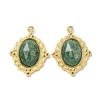 Vacuum Plating 304 Stainless Steel Pendants, Faceted Natural African Jade Oval Charms, Real 18K Gold Plated, 19x15x4mm, Hole: 1.2mm