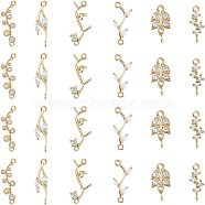 24Pcs 6 Styles Brass Clear Cubic Zirconia Connector Charms, Branch and Leaf Mixed Shapes, Light Gold, 13~23x5~10x2~3mm, Hole: 1~1.5mm, 4pcs/style(KK-FH0004-47)