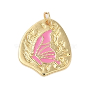 Rack Plating Brass Enamel Pendants, with Jump Ring, Cadmium Free & Lead Free, Real 18K Gold Plated, Irregular with Butterfly Charm, Pink, 21.5x19x2.4mm, Hole: 3.4mm(KK-S372-04B-01)