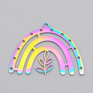 Ion Plating(IP) 201 Stainless Steel Chandelier Component Links, Laser Cut, Leaf, Rainbow Color, 26x36.5x1mm, Hole: 1.6mm(STAS-S105-LA552)