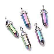 Rainbow Color Faceted Bullet Glass Pointed Pendants, with Platinum Plated Brass Findings, Multi-color Plated, 38~39.5x12.5x10mm, Hole: 5x3mm(KK-E282-02P-01)