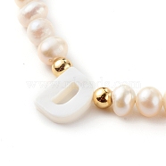 Letter Natural Freshwater Shell Pendant Necklaces, with Natural Cultured Freshwater Pearl Beads, Brass Beads, 304 Stainless Steel Lobster Claw Clasps & Chain Extender, Letter.D, 14.53 inch(36.9cm), Letter D: 16x8x2.5mm(NJEW-JN03423-04)