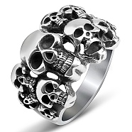 Steam Punk Style Titanium Steel Multi-Skull Finger Rings, Hollow Wide Rings for Men, Stainless Steel Color, US Size 11(20.6mm)(SKUL-PW0005-08E)