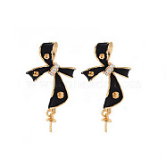 Brass Micro Pave Clear Cubic Zirconia Stud Earring Findings with Enamel, for Half Drilled Beads, Nickel Free, Bowknot, Real 18K Gold Plated, Black, 26x17mm, Pin: 0.7mm, pin: 0.7mm (for Half Drilled Beads)(KK-S356-617A-NF)