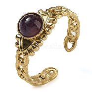 Natural Amethyst Finger Rings, Eye 304 Stainless Steel Open Cuff Rings, Real 18K Gold Plated, 8mm, Adjustable(RJEW-U027-01G-05)