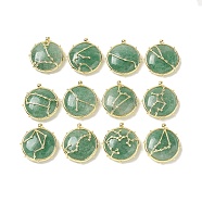 Constellation Natural Green Strawberry Quartz Pendants, Brass Flat Round Charms, Golden, 32x30x9mm, Hole: 2mm, 12pcs/set(G-A300-A)