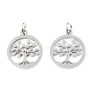 304 Stainless Steel Pendants, with Unsoldered Jump Rings, Flat Round with Tree of Life, Stainless Steel Color, 17x15x1mm, Jump Ring: 5x1mm, 3mm inner diameter(STAS-T046-JA350-1)