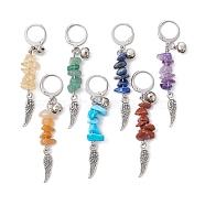 Natural Gemstone Chips Pendant Decoration, with Alloy Wing and 304 Stainless Steel Leverback Charm, 56~59mm, 7pcs/set(HJEW-JM01305)