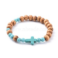 Stretch Bracelets, with Wood Beads and Synthetic Turquoise(Dyed) Beads, Cross, Sky Blue, 2-1/8 inch(5.5cm)(BJEW-JB04620-01)