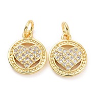 Brass Micro Pave Cubic Zirconia Charms, with Jump Rings, Long-Lasting Plated, Cadmium Free & Lead Free, Light Gold, Flat Round with Heart, Clear, 13x11x2mm(ZIRC-A023-05LG)