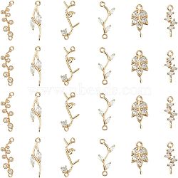 24Pcs 6 Styles Brass Clear Cubic Zirconia Connector Charms, Branch and Leaf Mixed Shapes, Light Gold, 13~23x5~10x2~3mm, Hole: 1~1.5mm, 4pcs/style(KK-FH0004-47)