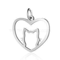 Non-Tarnish 201 Stainless Steel Filigree Kitten Pendants, Heart with Cat Shape, Stainless Steel Color, 17x20x1mm, Hole: 3mm(STAS-S105-T561D-1)