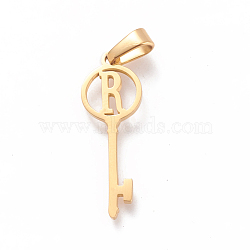 304 Stainless Steel Initial Pendants, Large Hole Pendants, Key with Letter, Golden, Letter.R, 25x8.5x1mm, Hole: 6x2.5mm(STAS-D019-09R-G)