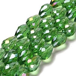 Electroplate Glass Beads Strands, AB Color Plated, Faceted Teardrop, Lime Green, 15x10mm, Hole: 1mm, 50pcs/strand, 27.1 inch(X-EGLA-D015-15x10mm-19)