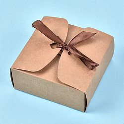 Kraft Paper Gift Box, Folding Boxes, with Ribbon, Bakery Cake Biscuits Box Container, Square, BurlyWood, Unfold: 34.1x36x0.03cm, Finished Product: 12x12x5cm(CON-K006-05A-01)
