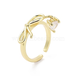 Rack Plating Adjustable Brass with Cubic Zirconia Rings, Solitaire Ring, Long-Lasting Plated, Lead Free & Cadmium Free, Bowknot, Real 18K Gold Plated, Adjustable(RJEW-B060-02G)