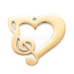 Ion Plating(IP) 304 Stainless Steel Pendants, Laser Cut, Heart with Musical Note, Golden, 27.5x30x1.4mm, Hole: 1.8mm(STAS-P280-19G)