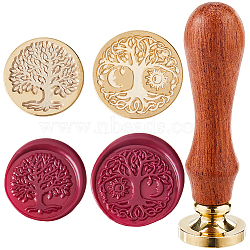 2Pcs 2 Styles Golden Tone Brass Wax Seal Stamp Head, with 1Pc Pear Wood Handle, for DIY Scrapbooking, Tree of Life, 25~30mm, 1pc/style(AJEW-CP0007-48B-03)