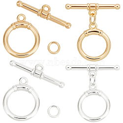 Beebeecraft 10Pcs 2 Colors Brass Toggle Clasps, with Jump Rings, Nickel Free, Ring, Real 18K Gold Plated & Silver, Ring: 17x14x2.5mm, Hole: 1.6mm, Bar: 22.5x2.5mm, Hole: 1.6mm, Jump Ring: 5x0.8mm, 5pcs/color(KK-BBC0013-61)