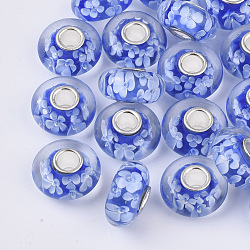 Handmade Lampwork European Beads, Inner Flower, Large Hole Beads, with Silver Color Plated Brass Single Cores, Rondelle, Royal Blue, 14x7.5mm, Hole: 4mm(X-LAMP-S193-004C)