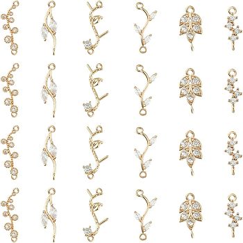 24Pcs 6 Styles Brass Clear Cubic Zirconia Connector Charms, Branch and Leaf Mixed Shapes, Light Gold, 13~23x5~10x2~3mm, Hole: 1~1.5mm, 4pcs/style