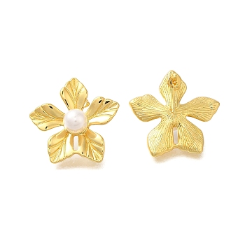 Rack Plating Flower Brass & ABS Imitation Pearl Stud Earrings, Lead Free & Cadmium Free, Long-Lasting Plated, Real 18K Gold Plated, 30x30mm