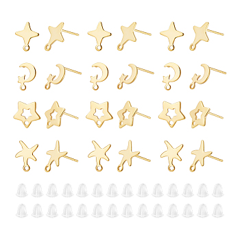 32Pcs 4 Styles Moon & Star & Starfish 201 Stainless Steel Stud Earrings Findings, with 304 Stainless Steel Pins & Loops, 32Pcs Brass Ear Nuts, Golden, 11~13.5x7~11.5mm, Hole: 1.2~1.5mm, Pin: 0.7mm, 8Pcs/style