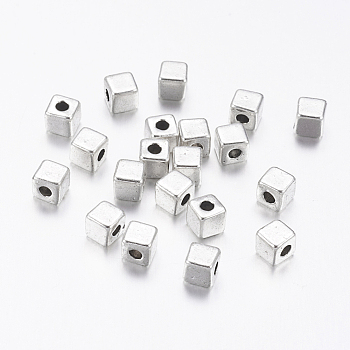 Tibetan Style Alloy Spacer Beads, Lead Free & Cadmium Free, Cube, Antique Silver, about 4mm long, 4mm wide, 4mm thick, hole: 2mm