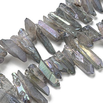 Electroplated Natural Quartz Crystal Beads Strands, Nuggets, Tusk Shape, AB Color, Dyed, Lilac, 7~15x18~60mm, Hole: 1mm, about 46pcs/strand, 16 inch