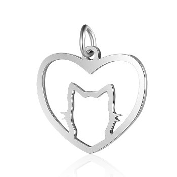201 Stainless Steel Filigree Kitten Pendants, Heart with Cat Shape, Stainless Steel Color, 17x20x1mm, Hole: 3mm