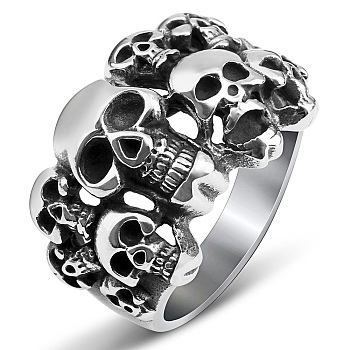 Steam Punk Style Titanium Steel Multi-Skull Finger Rings, Hollow Wide Rings for Men, Stainless Steel Color, US Size 11(20.6mm)