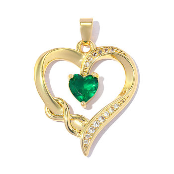 Valentine's Day Brass Pave Green Cubic Zirconia Pendants, Heart Charms, Mirror Polished Finish, Ion Plating(IP), Real 18K Gold Plated, 28x21mm, Hole: 5mm