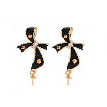 Brass Micro Pave Clear Cubic Zirconia Stud Earring Findings with Enamel, for Half Drilled Beads, Nickel Free, Bowknot, Real 18K Gold Plated, Black, 26x17mm, Pin: 0.7mm, pin: 0.7mm (for Half Drilled Beads)