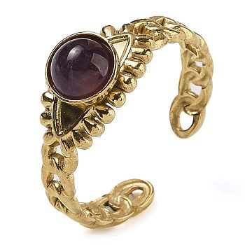 Natural Amethyst Finger Rings, Eye 304 Stainless Steel Open Cuff Rings, Real 18K Gold Plated, 8mm, Adjustable