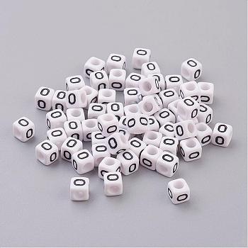 Acrylic Horizontal Hole Letter Beads, Cube, White, Letter O, Size: about 6mm wide, 6mm long, 6mm high, hole: about 3.2mm, about 2600pcs/500g