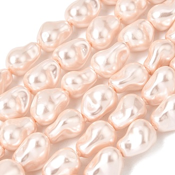 Electroplate Opaque Glass Imitation Pearl Beads Strands, Nuggets, Pearl Pink, 15~15.5x10~11.5x9.5~10.5mm, Hole: 1~1.2mm, about 21pcs/strand, 14.96~15.16 inch(38~38.5cm)