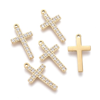 316 Surgical Stainless Steel Cubic Zirconia Pendants, Religion, Cross, Golden, 17x9.5x1.5mm, Hole: 1mm