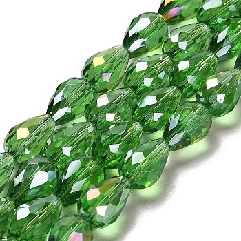 Electroplate Glass Beads Strands, AB Color Plated, Faceted Teardrop, Lime Green, 15x10mm, Hole: 1mm, 50pcs/strand, 27.1 inch