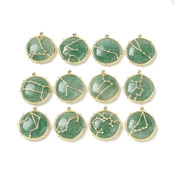 Constellation Natural Green Strawberry Quartz Pendants, Brass Flat Round Charms, Golden, 32x30x9mm, Hole: 2mm, 12pcs/set