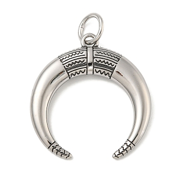 316 Surgical Stainless Steel Pendants, with Jump Ring, Double Horn/Crescent Moon Charm, Antique Silver, 37x35x6mm, Hole: 7mm