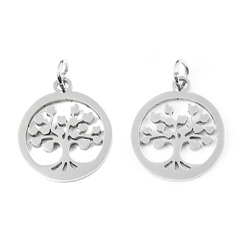 304 Stainless Steel Pendants, with Unsoldered Jump Rings, Flat Round with Tree of Life, Stainless Steel Color, 17x15x1mm, Jump Ring: 5x1mm, 3mm inner diameter