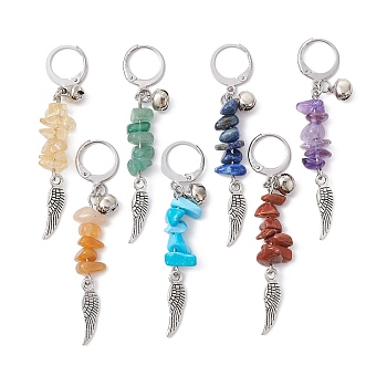 Natural Gemstone Chips Pendant Decoration, with Alloy Wing and 304 Stainless Steel Leverback Charm, 56~59mm, 7pcs/set
