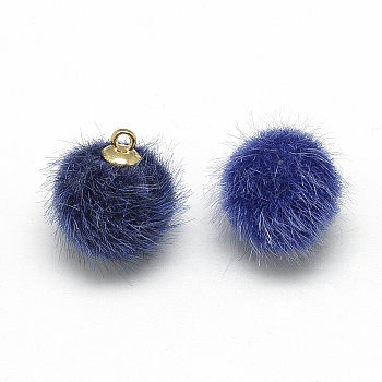 Faux Mink Fur Covered Charms, with Golden Tone Brass Findings, Round, Blue, 21x18~19mm, Hole: 2mm