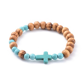 Stretch Bracelets, with Wood Beads and Synthetic Turquoise(Dyed) Beads, Cross, Sky Blue, 2-1/8 inch(5.5cm)