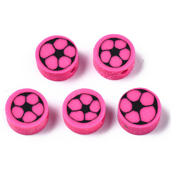 Handmade Polymer Clay Beads, for DIY Jewelry Crafts Supplies, Flat Round, Hot Pink, 9.5x4.5mm, Hole: 1.8mm