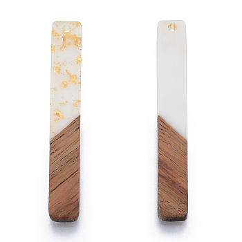 Opaque Resin & Walnut Wood Big Pendants, with Gold Foil, Rectangle Charm, Creamy White, 51.5x7.5x3mm, Hole: 1.8mm