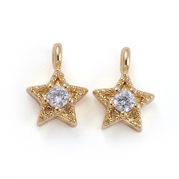 Brass Micro Pave Cubic Zirconia Pendants, Star, Clear, Golden, 10x7x3.5mm, Hole: 1.4mm