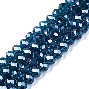 Electroplate Glass Beads Strands, Pearl Luster Plated, Faceted, Rondelle, Steel Blue, 8x6mm, Hole: 1mm, about 64~65pcs/strand, 40~41cm